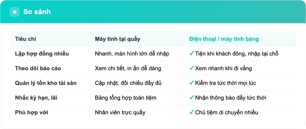 Bảng so sánh thiết bị nào phù hợp với công việc nào khi dùng app cầm đồ đồng bộ