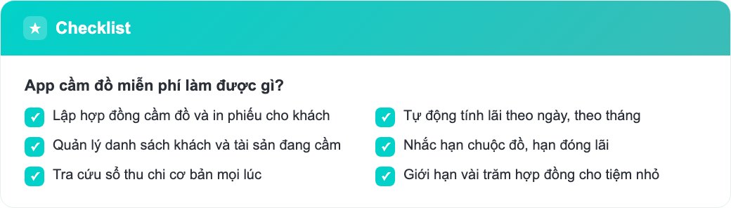 Infographic checklist các tính năng app cầm đồ miễn phí dùng được cho tiệm cầm đồ nhỏ