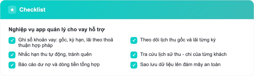 Danh sách nghiệp vụ mà app quản lý cho vay hỗ trợ trên điện thoại