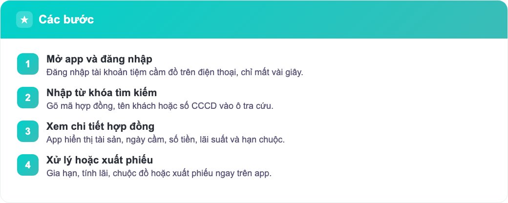 Sơ đồ 4 bước tra cứu hợp đồng cầm đồ nhanh bằng app trên điện thoại